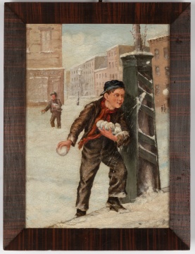 19th Century Genre Painting of Snowball Fight
